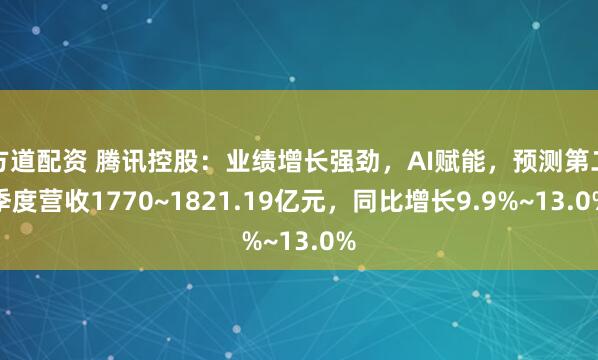 方道配资 腾讯控股：业绩增长强劲，AI赋能，预测第二季度营收1770~1821.19亿元，同比增长9.9%~13.0%